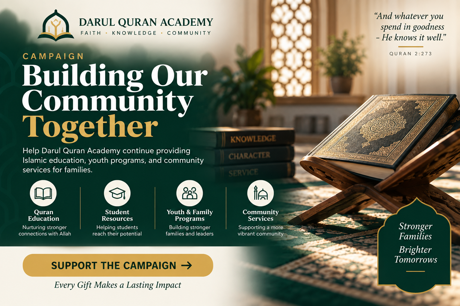 Darul Quran Academy: Building Our Community Together. Support Quran education, student resources, youth and family programs, and community services.